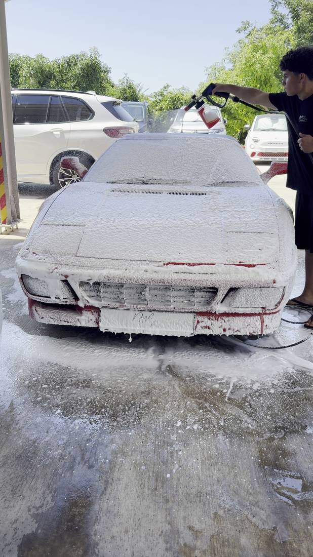 Ferrari snow-foam wash in progress, second view